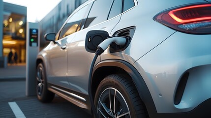 The electric vehicle is charging at the station in front of an office building. The orange color on its body reflects the sunlight