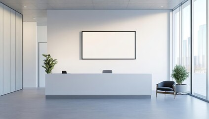 Minimalist office with a blank frame, reception desk and chair.