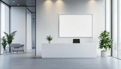 Minimalist office space with white counter and plants.