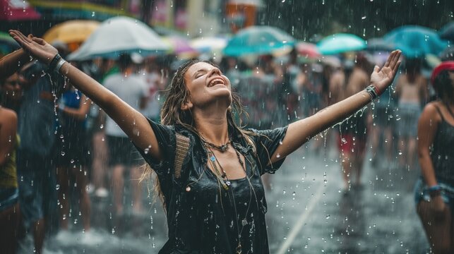 Dancing girl black t-shirt in the rain at defcon open air techno festival