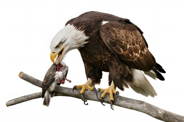 Obraz premium Bald Eagle Perched on Branch and Devouring its Prey, on White Background, Real Photo, Standard Background, Wallpaper, Cover and Screen of Smartphone, Cell Phone, Computer, Laptop