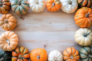 Autumn background frame border with colorful ripe pumpkins. Autumn season greeting card for Thanksgiving or Halloween, poster, flyer. Copy space