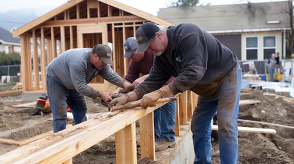 People building homes with Habitat for Humanity, teamwork and construction, expressions of hope and collaboration, promoting affordable housing and volunteerism, construction site setting