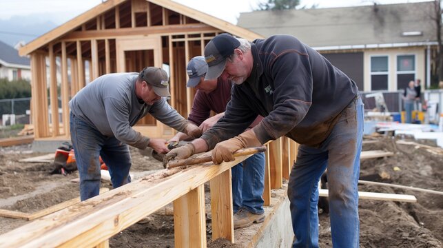 People building homes with Habitat for Humanity, teamwork and construction, expressions of hope and collaboration, promoting affordable housing and volunteerism, construction site setting