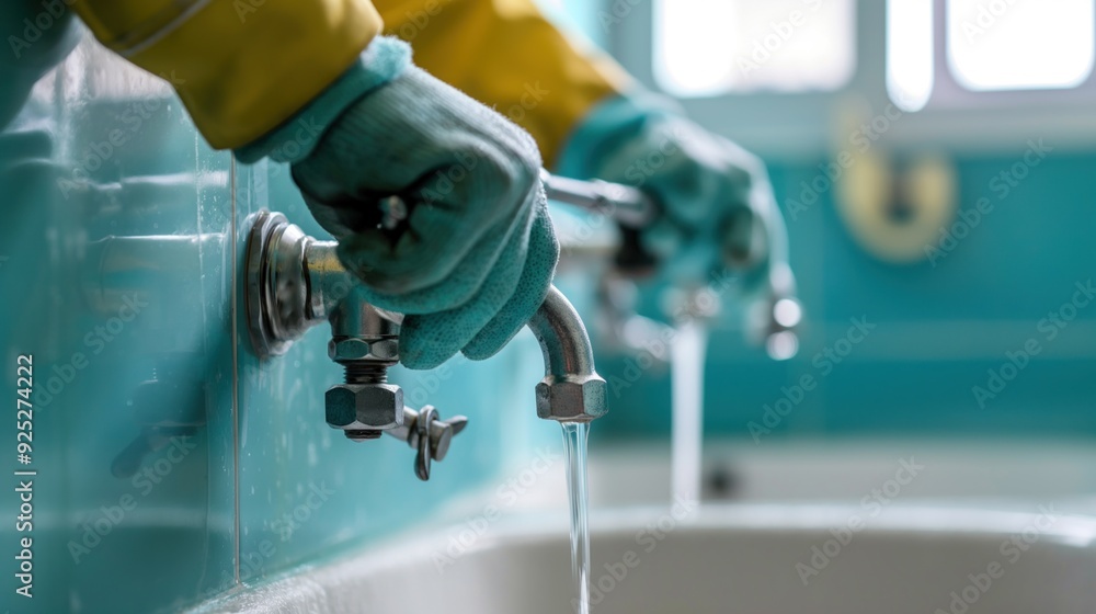 Poster plumber fixing a leaky pipe under the sink, using wrenches and sealants to stop the water flow and r