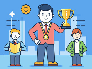 Business Team Celebrating Success with a Trophy: Office Recognition of Professional Achievement and Team Victory in a Corporate Setting