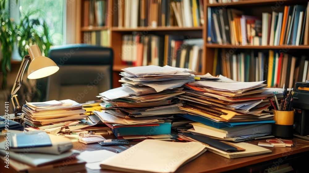 Aufkleber an office desk overloaded with documents and files, spilling off the sides, creating a chaotic and c