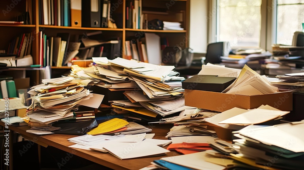 Aufkleber an office desk overloaded with documents and files, spilling off the sides, creating a chaotic and c