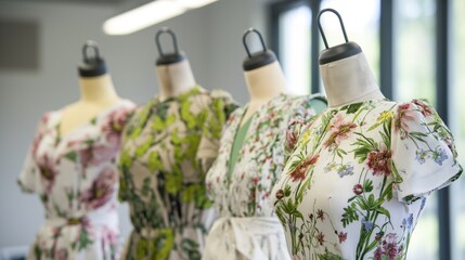 Mannequins showcase beautifully designed floral dresses inside a well-lit fashion studio, highlighting vibrant patterns and creative styles