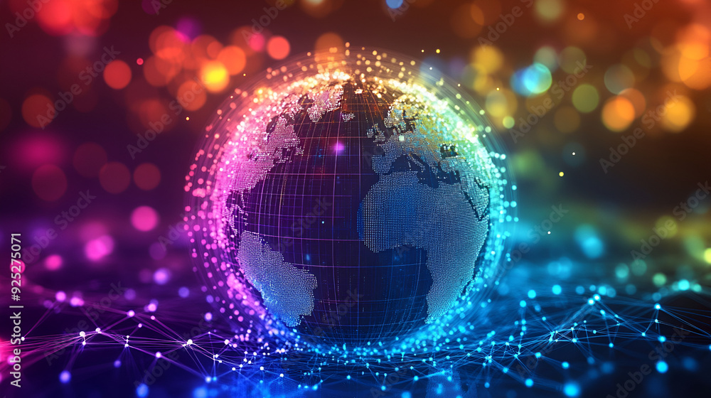 Poster blue hologram globe with world map with glowing data streams, ai global communication networks, virt