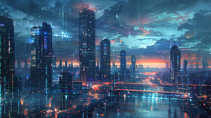 A glowing futuristic cityscape at night, featuring tall skyscrapers, neon lights, and digital overlays, capturing the essence of a cyberpunk aesthetic.