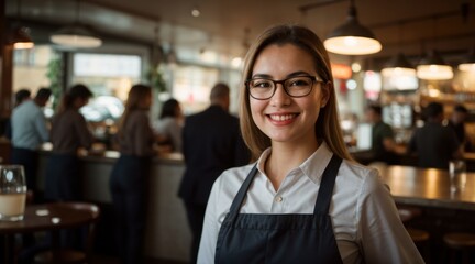 Joyful waitress donning glasses working in lively cafe atmosphere 