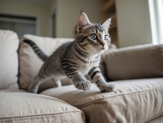 A Tabby Kitten Leaping on a Beige Couch