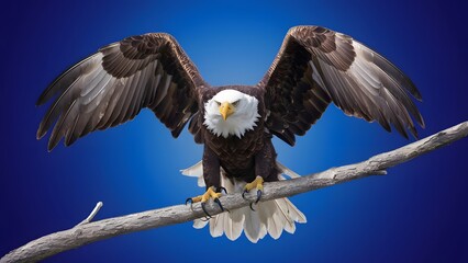 Obraz premium Bald Eagle Perched on Branch, with Blue Background, Realistic Photo, Standard Background, Wallpaper, Cover and Screen for Smartphone, Cell Phone, Computer, Laptop