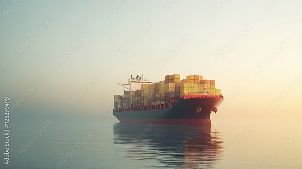 Poster minimal photo-realistic image on a light background for a facebook ad about a large cargo ship at se