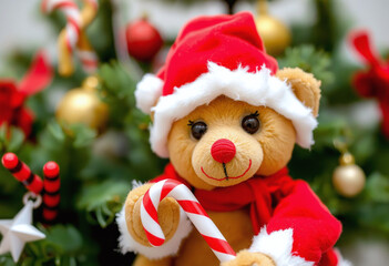 Christmas teddy bear wearing a Santa hat and holding a candy cane, festive, holiday, toy, plush, decoration, red, white