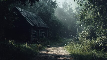 A Rustic Cabin Nestled in a Misty Forest Path