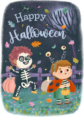 Halloween greeting card with a skeleton boy dancing and scared bug boy on a full moon night background with falling leaves pumpkins and fence