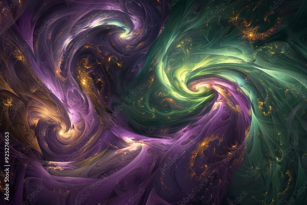 Poster computer-generated swirls of purple and green in an intricate pattern, mysterious swirls of purple a