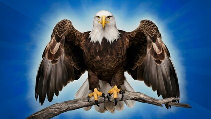 Naklejka premium Bald Eagle Perched on Branch, with Blue Background, Realistic Photo, Standard Background, Wallpaper, Cover and Screen for Smartphone, Cell Phone, Computer, Laptop