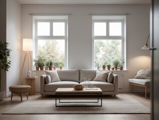 Obraz premium Minimalist Living Room with White Sofa, Two Windows and Wooden Floor