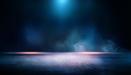 A dark empty street, dark blue background, an empty dark scene, neon light, spotlights The asphalt floor and studio room with smoke float up the interior