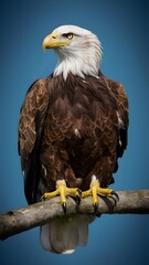 Obraz premium Bald Eagle Perched on Branch, with Blue Background, Realistic Photo, Standard Background, Wallpaper, Cover and Screen for Smartphone, Cell Phone, Computer, Laptop