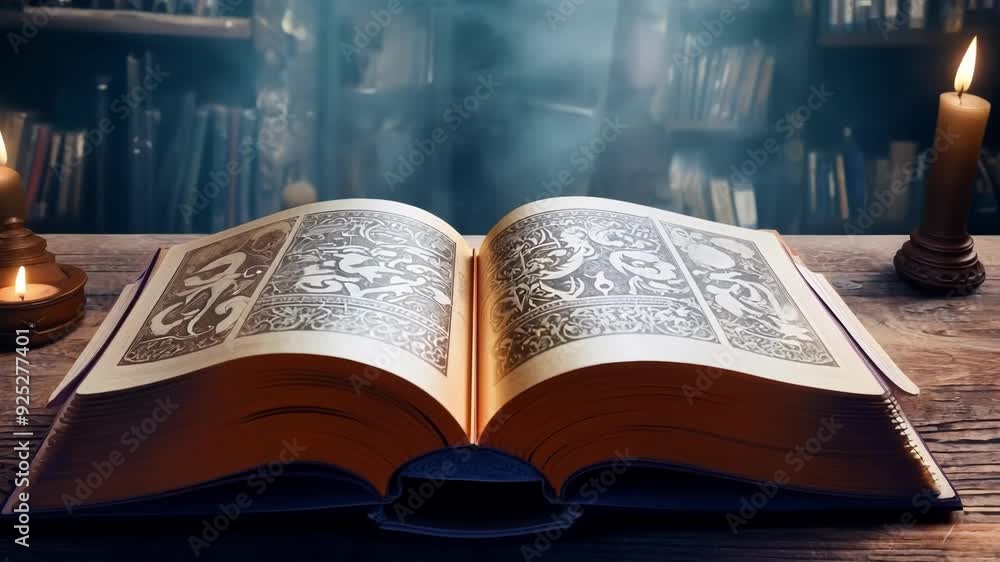 Poster open grimoire with esoteric illustrations lying on a desk with burning candles and a mysterious atmo