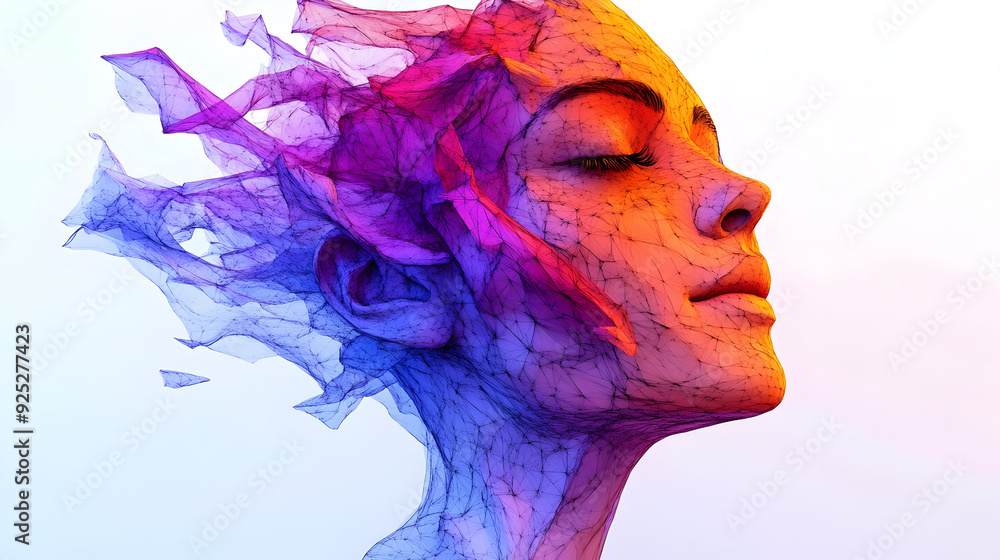 Poster a colorful, abstract representation of a human head with flowing lines and shapes.
