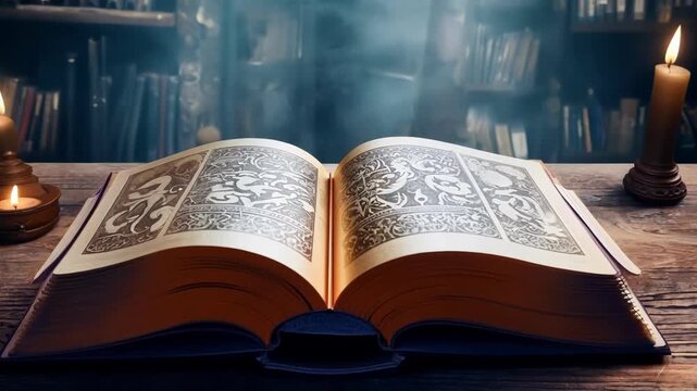 Open grimoire with esoteric illustrations lying on a desk with burning candles and a mysterious atmosphere in the background. Perfect background for halloween