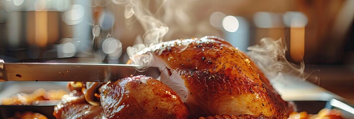 A close - up of a carving knife slicing into a juicy Thanksgiving turkey, with steam rising and sides visible in the background