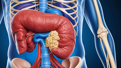 medical illustration of a human body with a focus on the liver, highlighting the condition of a fatty liver