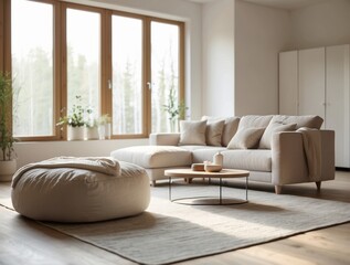 Minimalist Living Room with Beige Sofa and Wooden Coffee Table
