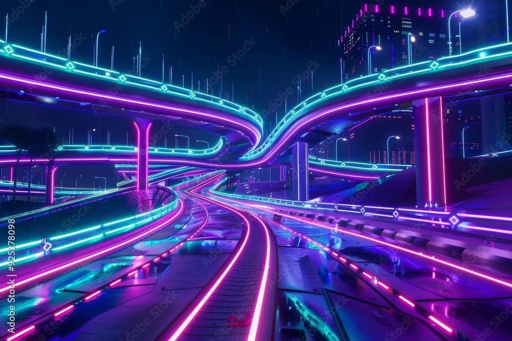 Poster a tunnel with neon lights running through the middle, creating a futuristic and vibrant atmosphere, 