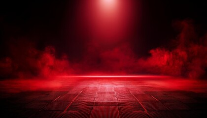 The dark stage shows, dark red background, an empty dark scene, neon light, and spotlights The concrete floor and studio room with smoke float up the interior 