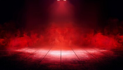 Fototapeta premium The dark stage shows, dark red background, an empty dark scene, neon light, and spotlights The concrete floor and studio room with smoke float up the interior 