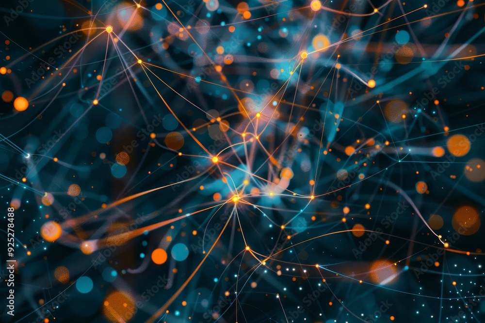 Poster dynamic blue and yellow background filled with lines and dots. nodes pulsate with information, nodes