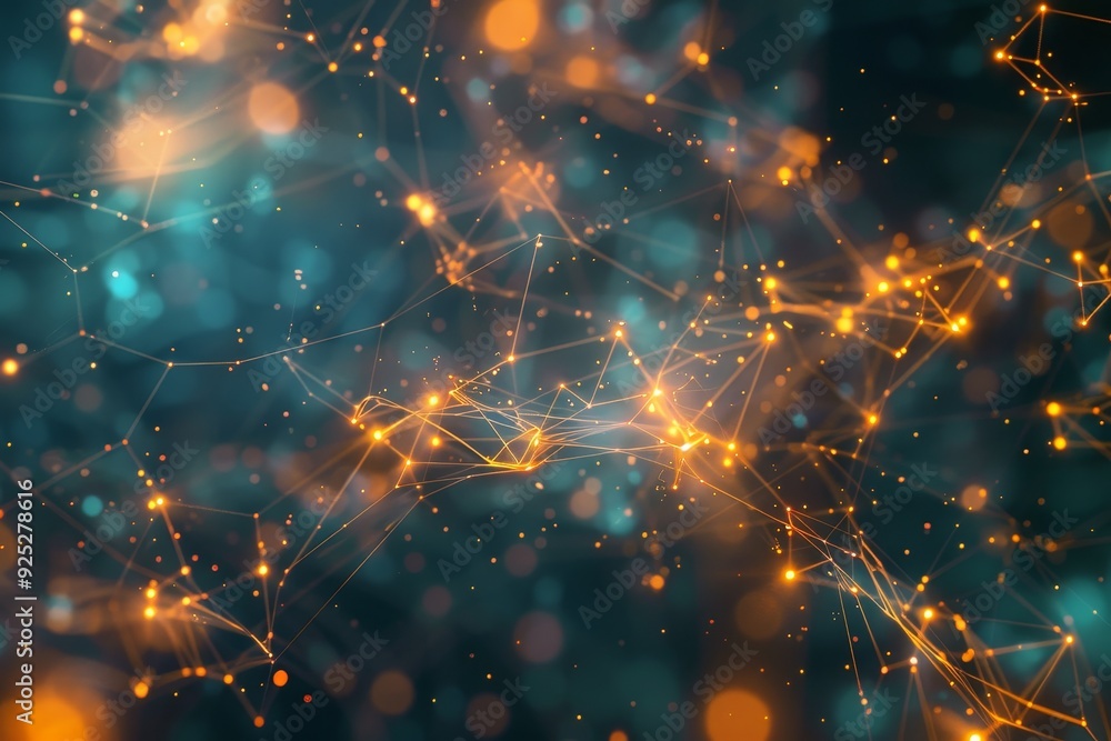 Poster bright blue and yellow background filled with numerous pulsating lights, nodes pulsating with inform