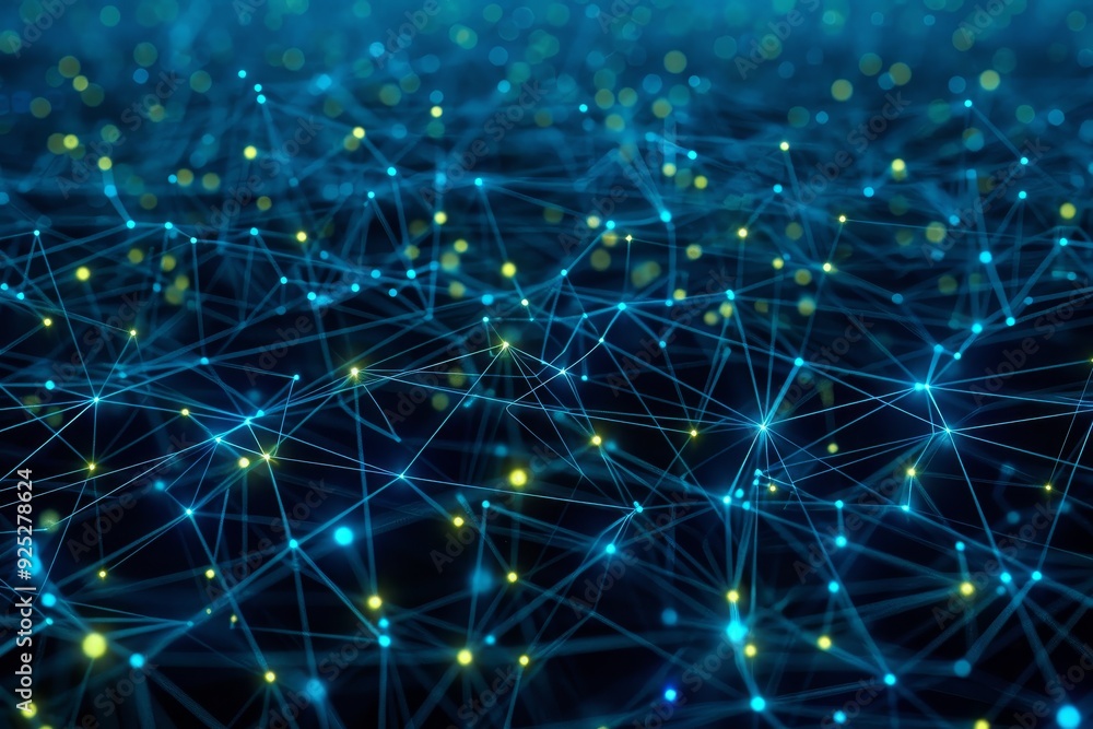 Poster a blue background filled with a network of interconnected lines and dots representing data transmiss