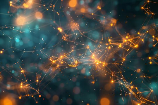 Bright blue and yellow background filled with numerous pulsating lights, Nodes pulsating with information