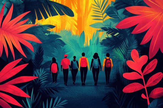 Diverse group exploring vibrant jungle pathway for adventure and unity concept
