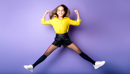 Obraz premium Mädchen springt fröhlich in die Luft vor lila Hintergrund 