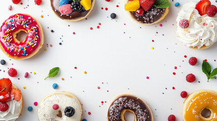 The photo of sweet donuts flat lays on a vibrant color background. 