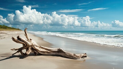 Fototapeta premium Weathered driftwood scattered along a sandy beach, with soft waves in the background, capturing the essence of coastal nature.