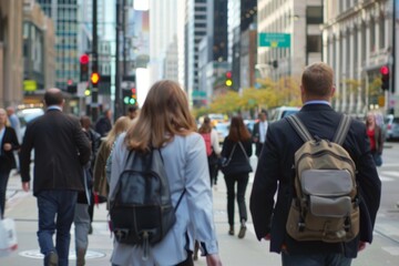 A group of office workers walking down a busy city street in downtown, Office workers walking to lunch in a busy downtown area