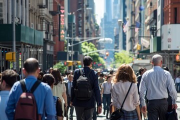 A group of office workers walking down a bustling city street during lunchtime, Office workers walking to lunch in a busy downtown area