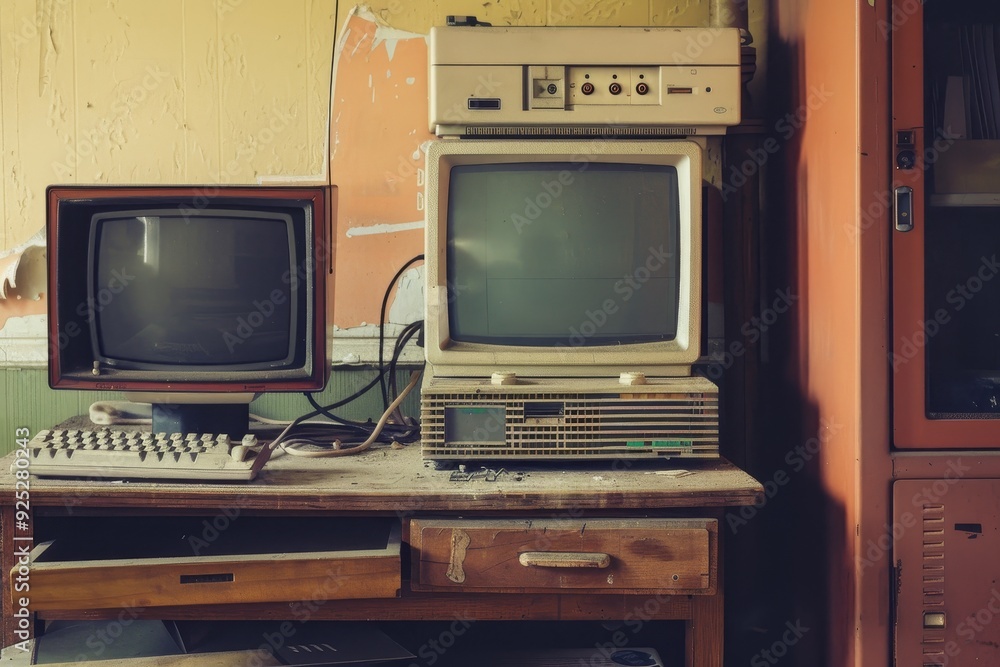 Poster an old computer tower with a dial-up modem sitting on top of a wooden desk, old computer tower with 