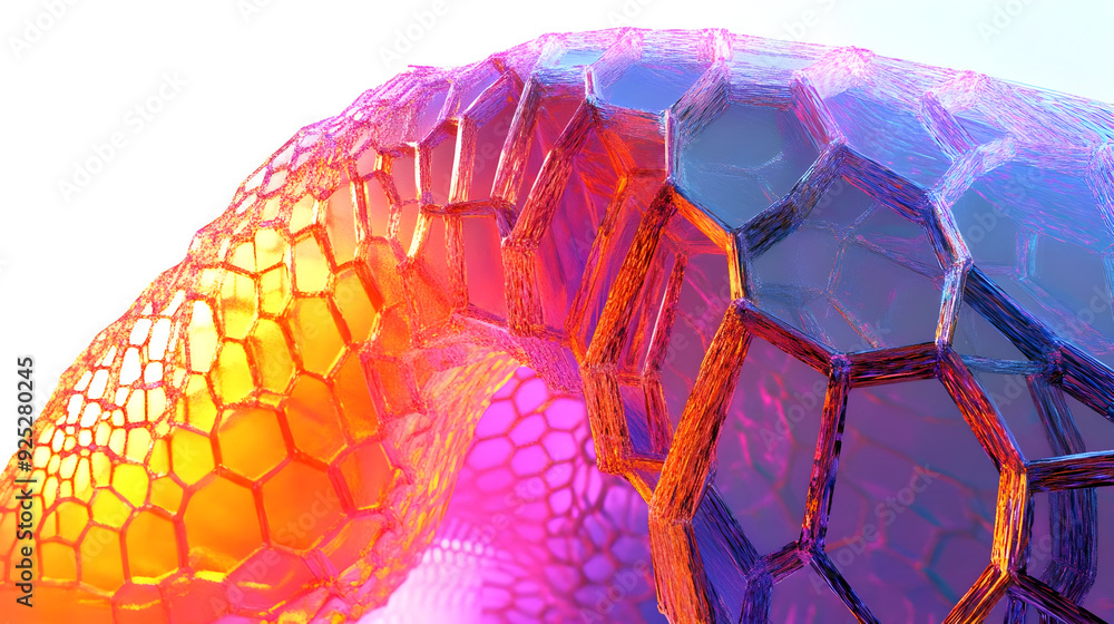 Poster a colorful, abstract structure resembling honeycomb patterns with vibrant lighting.