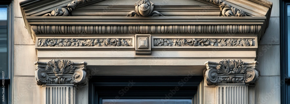 Poster ornate stonework above a window on a building facade