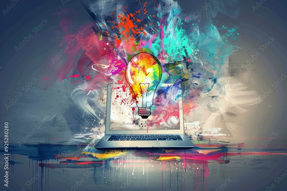 Poster a light bulb resting on top of a laptop, online tutorials and webinars for skill development and pro
